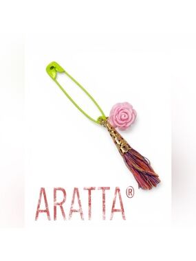 Aratta Lime-Green Safety Pin with Pink Rose and Multicolor Tassel